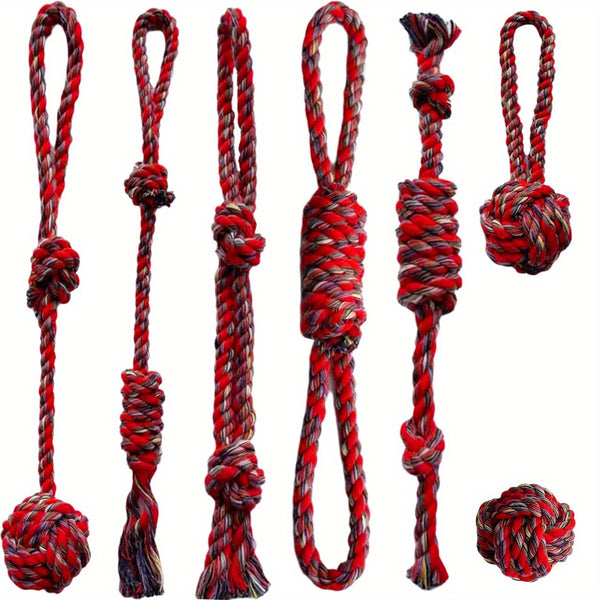 7PCS Red Rope Knot Dog Chew Toy Set